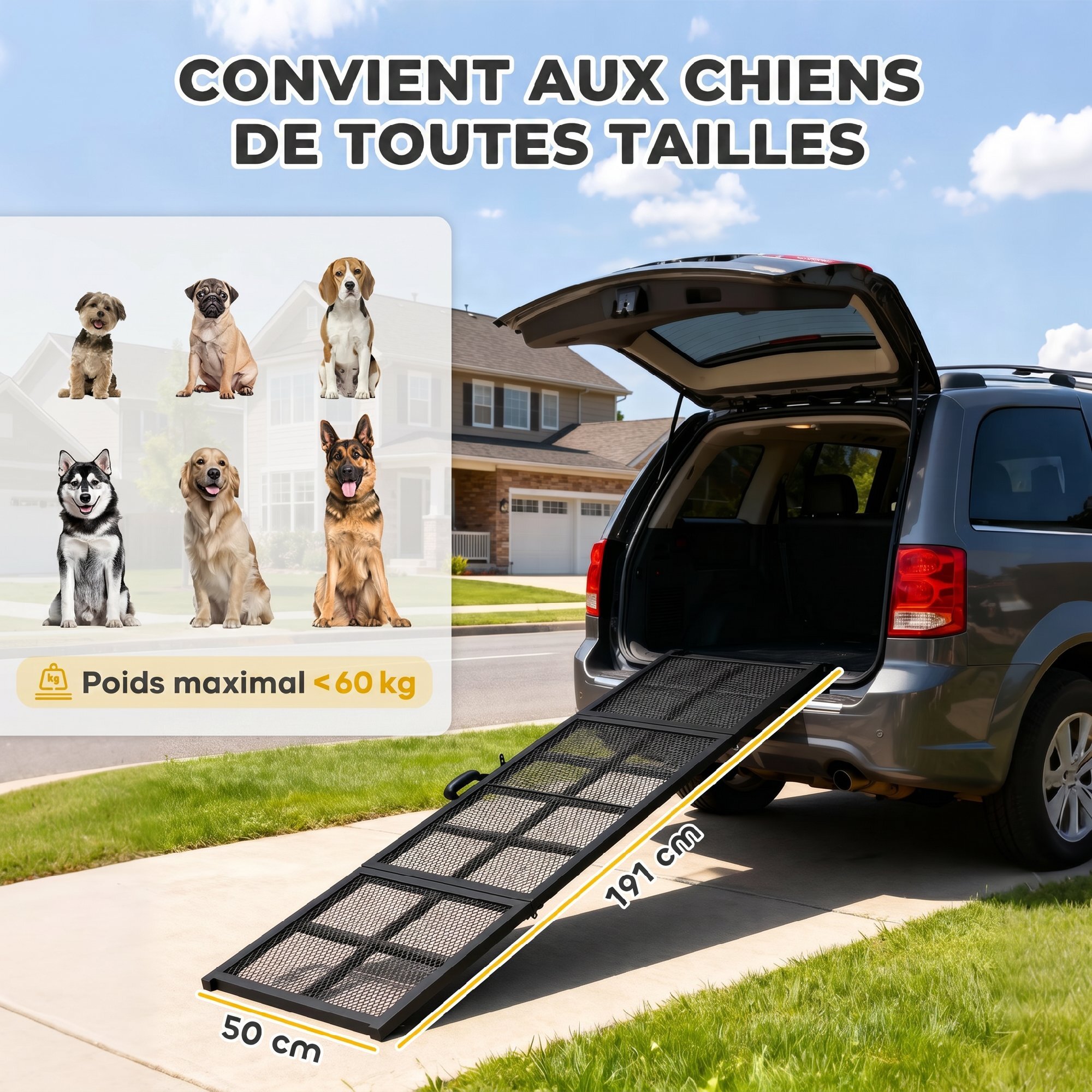Rampe chien acier pliable portable surface antidérapante noir
