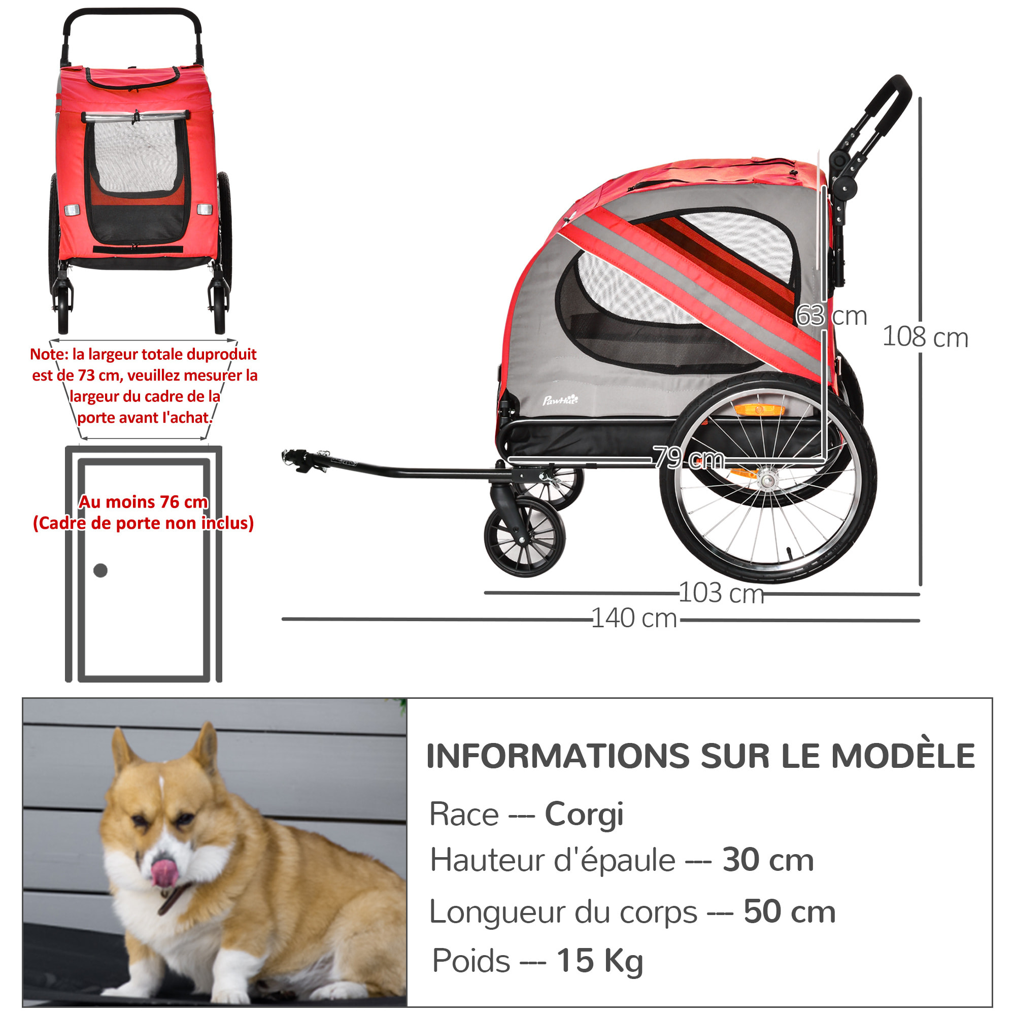 Remorque vélo jogger 2 en 1 pour animaux drapeau roue avant pivotante réflecteurs rouge gris