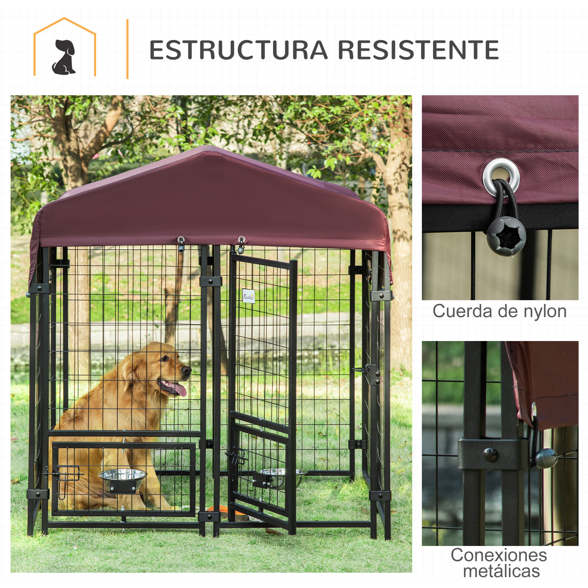 Parque para Perros con Toldo 8 Vallas de Acero con 2 Comederos Giratorios Jardín