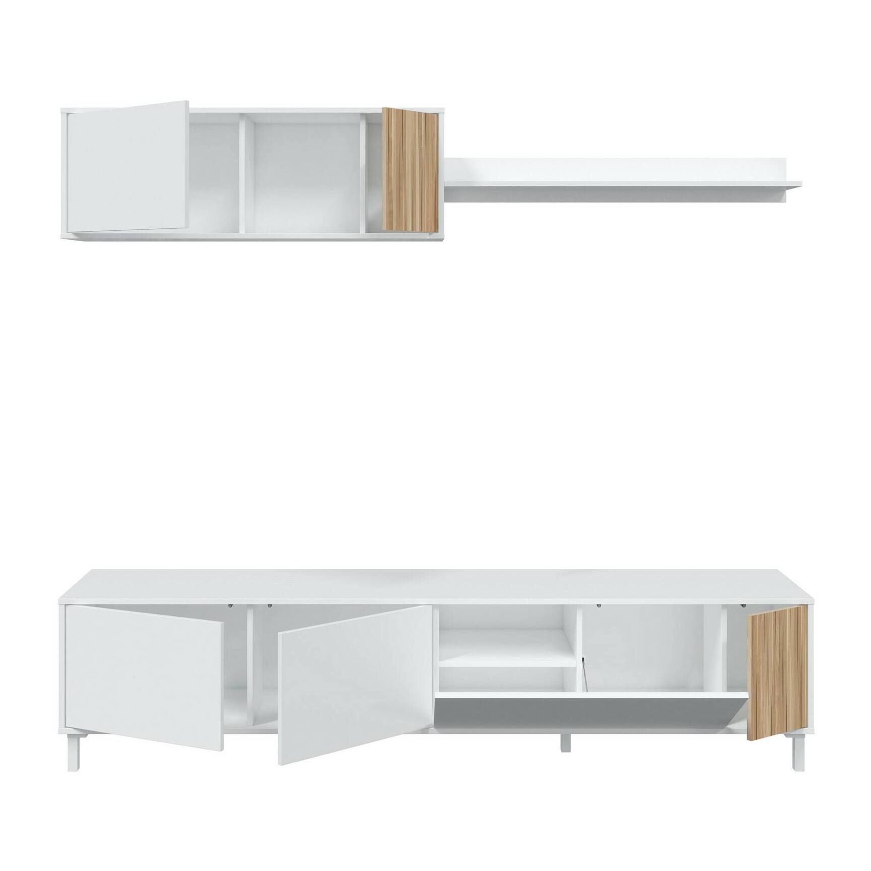 Parete attrezzata Banari, Armadietto soggiorno con ante, Armadio pensile con mensola, Credenza multiuso, 200x40h47 cm, Bianco e Rovere
