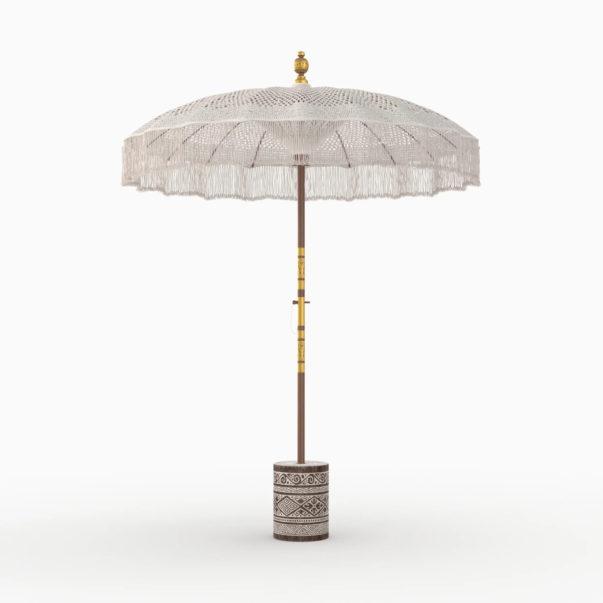 Ensemble parasol en macramé et pied de parasol en bois de suar - Fakélé