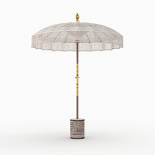 Ensemble parasol en macramé et pied de parasol en bois de suar - Fakélé