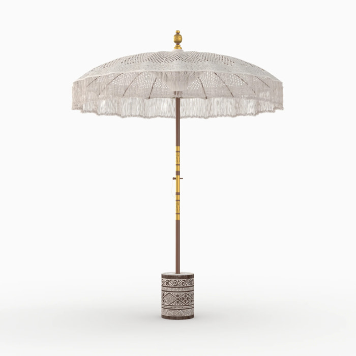 Ensemble parasol en macramé et pied de parasol en bois de suar - Fakélé