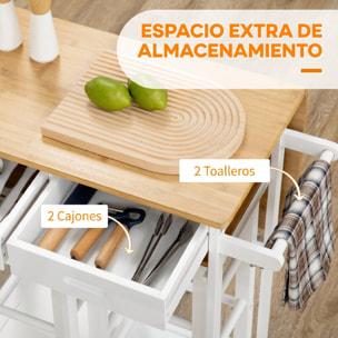 Juego de Mesa Alta de Bar y 2 Taburetes, Mesa Alta de Cocina de Bambú con Ruedas, Tablero Plegable, Ahorro Espacio, Cajones, Toalleros y Reposapiés, Natural y Blanco