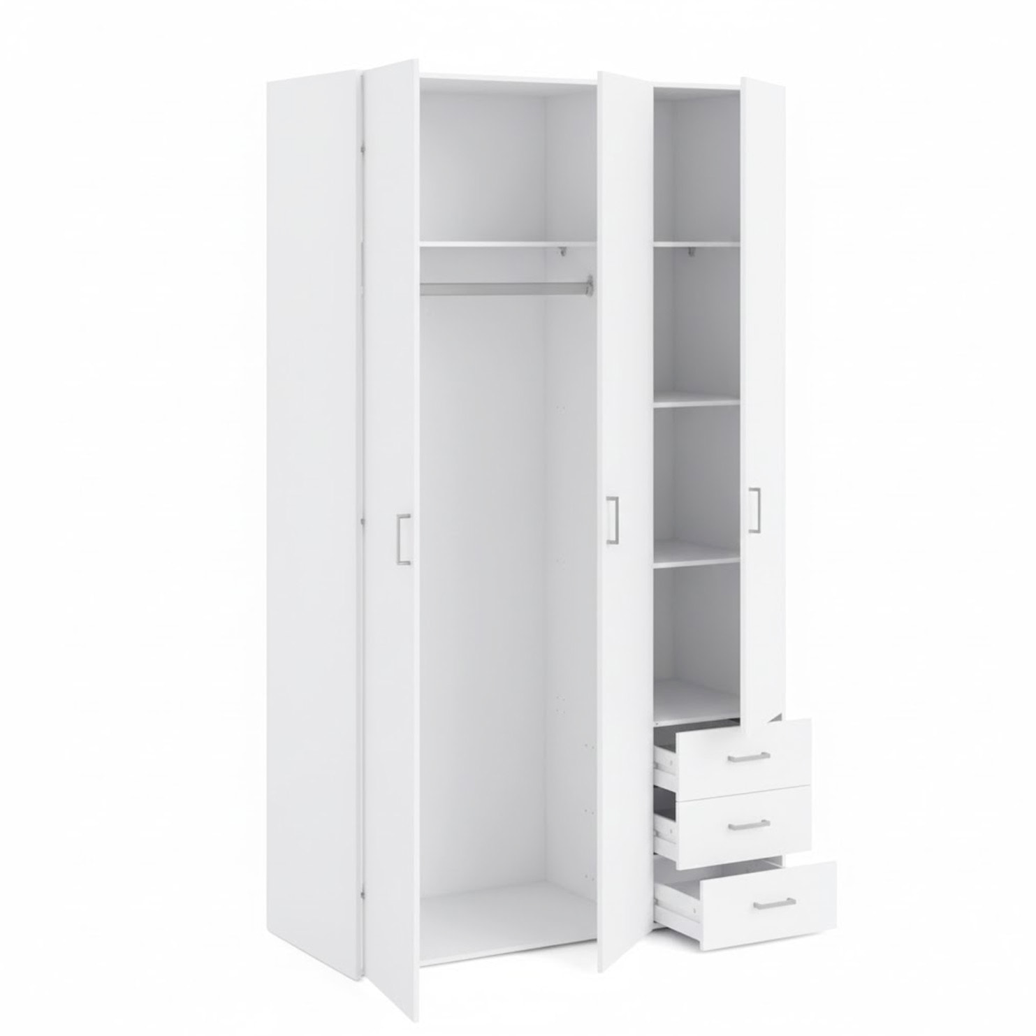Armadio Con 3 Ante E 3 Cassetti Multiuso Per Abiti Indumenti Design Moderno Capiente Vano Appendiabiti Ripiani Interni 115.8 x 49.5 x 200.4 Cm Bianco