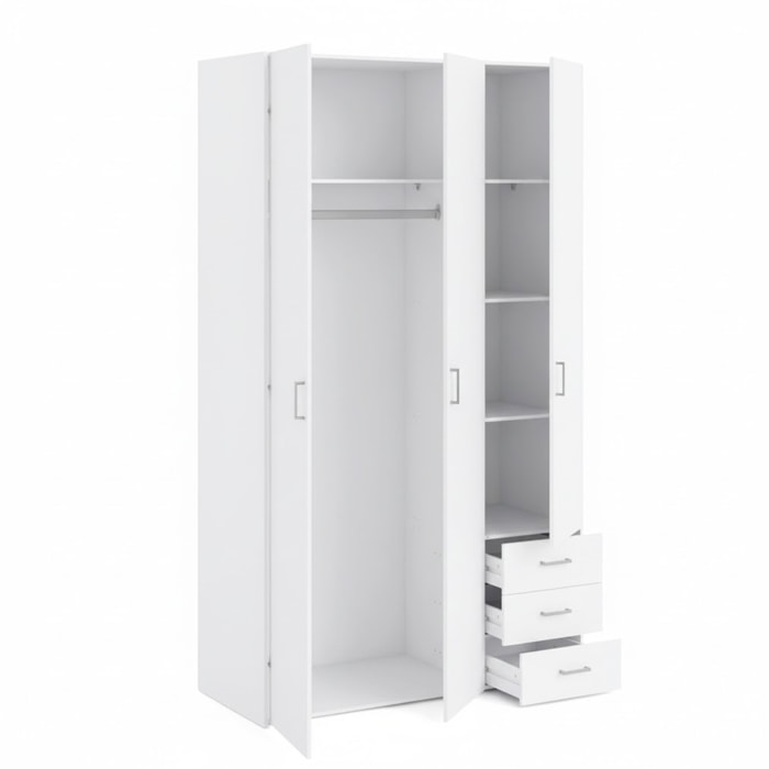 Armadio Con 3 Ante E 3 Cassetti Multiuso Per Abiti Indumenti Design Moderno Capiente Vano Appendiabiti Ripiani Interni 115.8 x 49.5 x 200.4 Cm Bianco