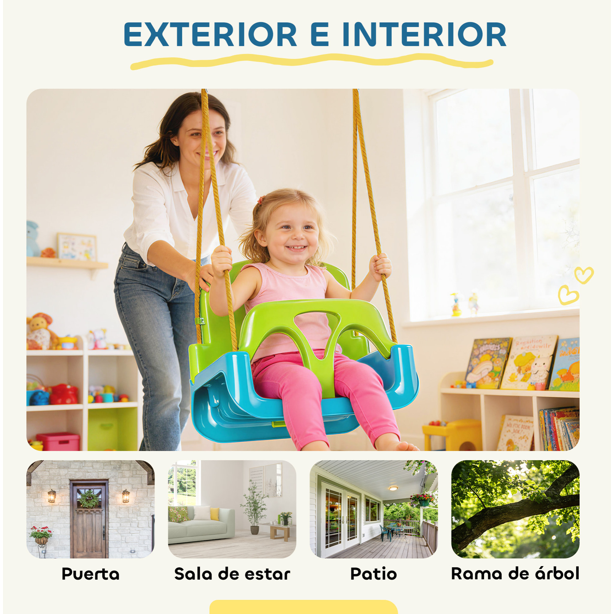 Columpio Infantil 3 en 1, Columpio para Niños, Cuerda Ajustable, con Respaldo Desmontable, Barra en T, Cinturón de Seguridad, para Interior, Exterior, Solo Asiento, Verde Oscuro