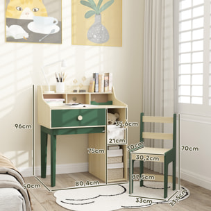 Ensemble bureau chaise enfant style néo-rétro - tiroir, étagère, 5 niches - aspect bois vert