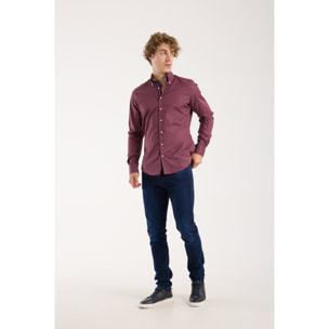 Camicia Uomo 2 Bottoni Button Down Slim Popeline Stretch Stampato Ciclamino e Bianco