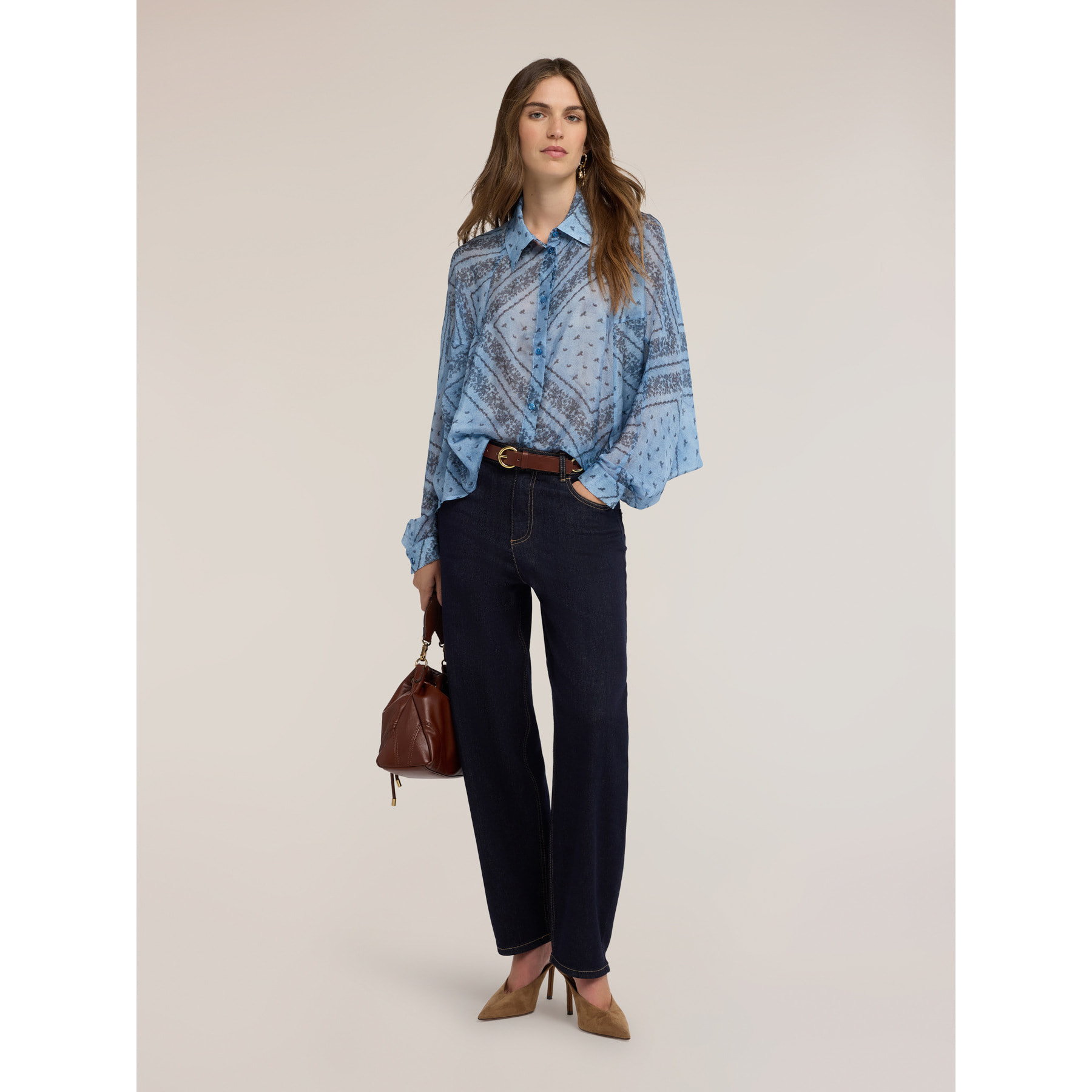 Motivi - Blusa oversize in chiffon misto seta con stampa - Azzurro