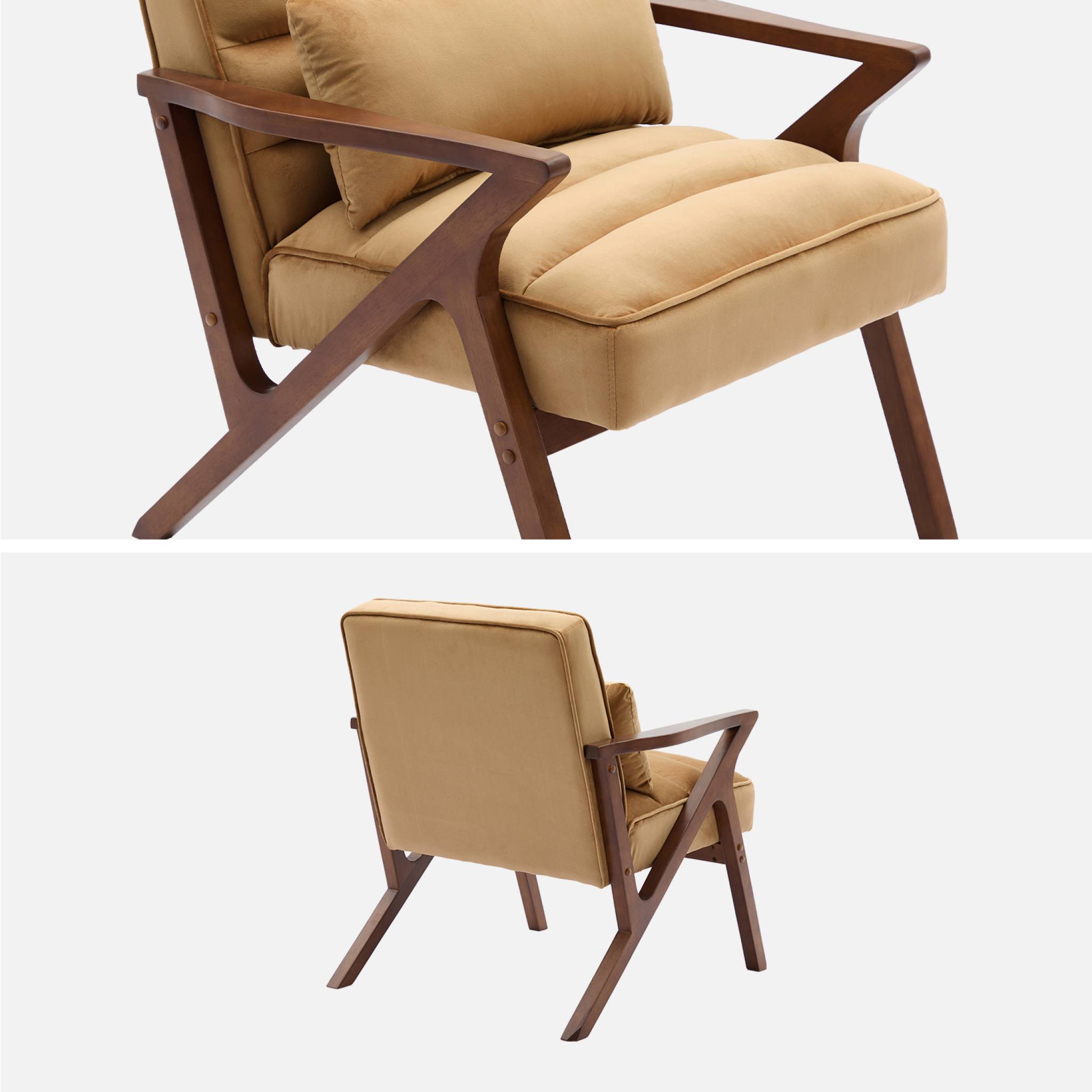 Fauteuil scandinave bois d'hévéa et velours camel