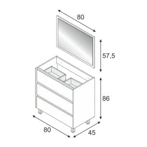 Mobile sottolavabo Lancaster, Mobiletto per bagno, Armadio a 3 cassetti e specchio, lavabo non incluso, cm 80x45h86, Rovere