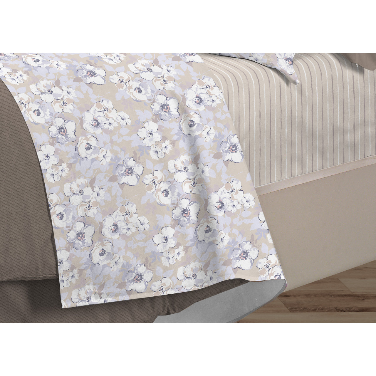 Completo Lenzuola Linea 3027 In Percalle Fantasia Floreale Disegno Indie Beige