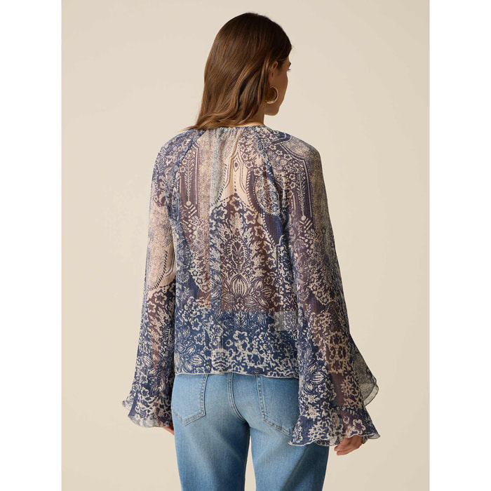 Oltre - Blusa fantasia con volant - Blu