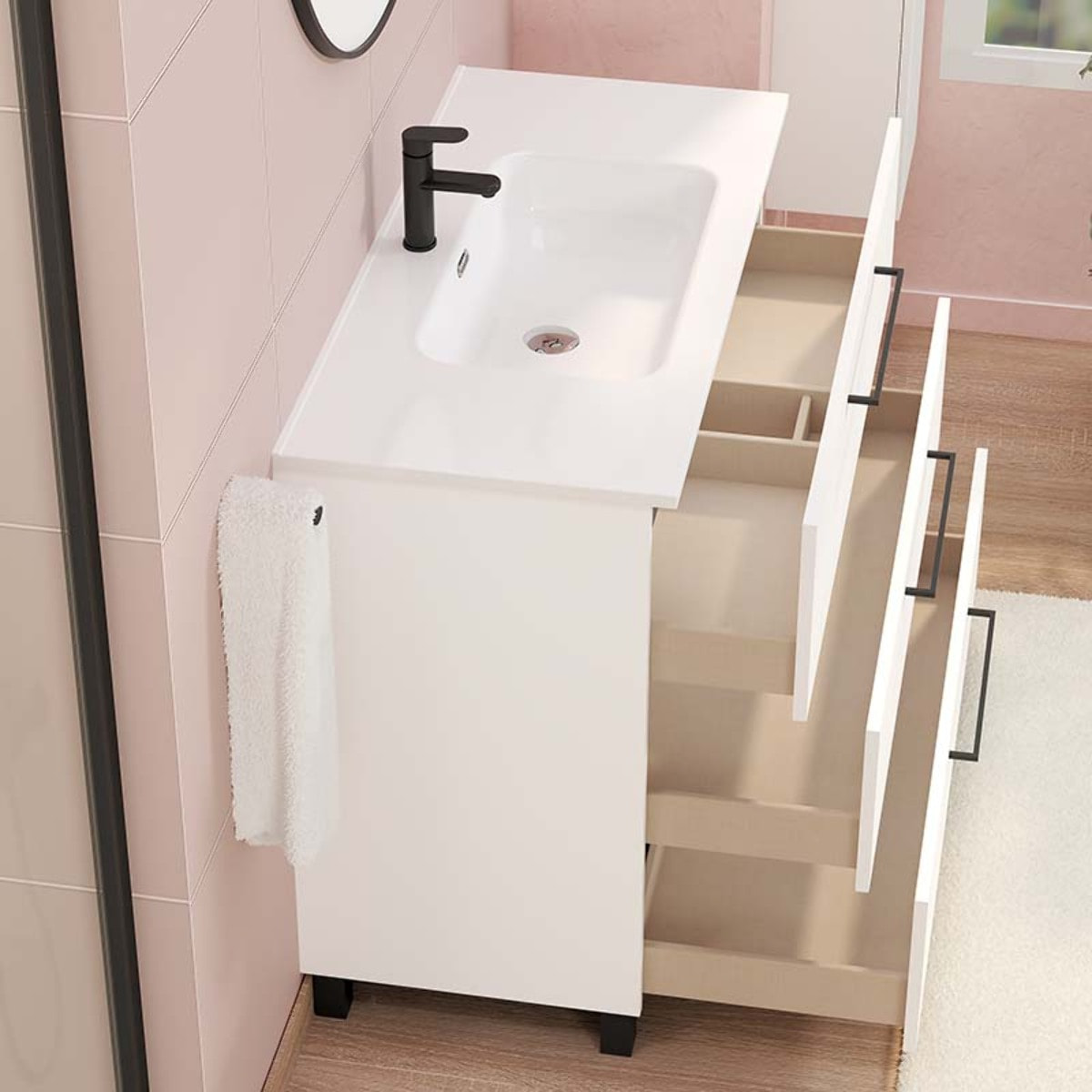 Conjunto de baño Haru | Mueble de baño con patas | 100 cm Blanco| Tres cajones | Lavabo encastrado | No incluye espejo | Alday