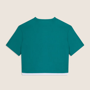 T-shirt cropped con inserto a contrasto e logo perlato