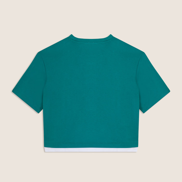 T-shirt cropped con inserto a contrasto e logo perlato