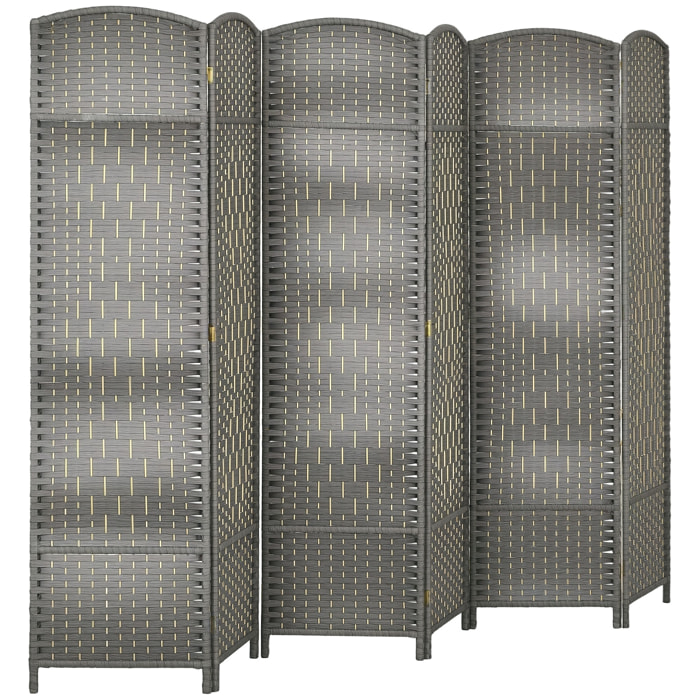 Paravent intérieur 6 panneaux pliables en bois séparateur de pièce style bohème tissé gris