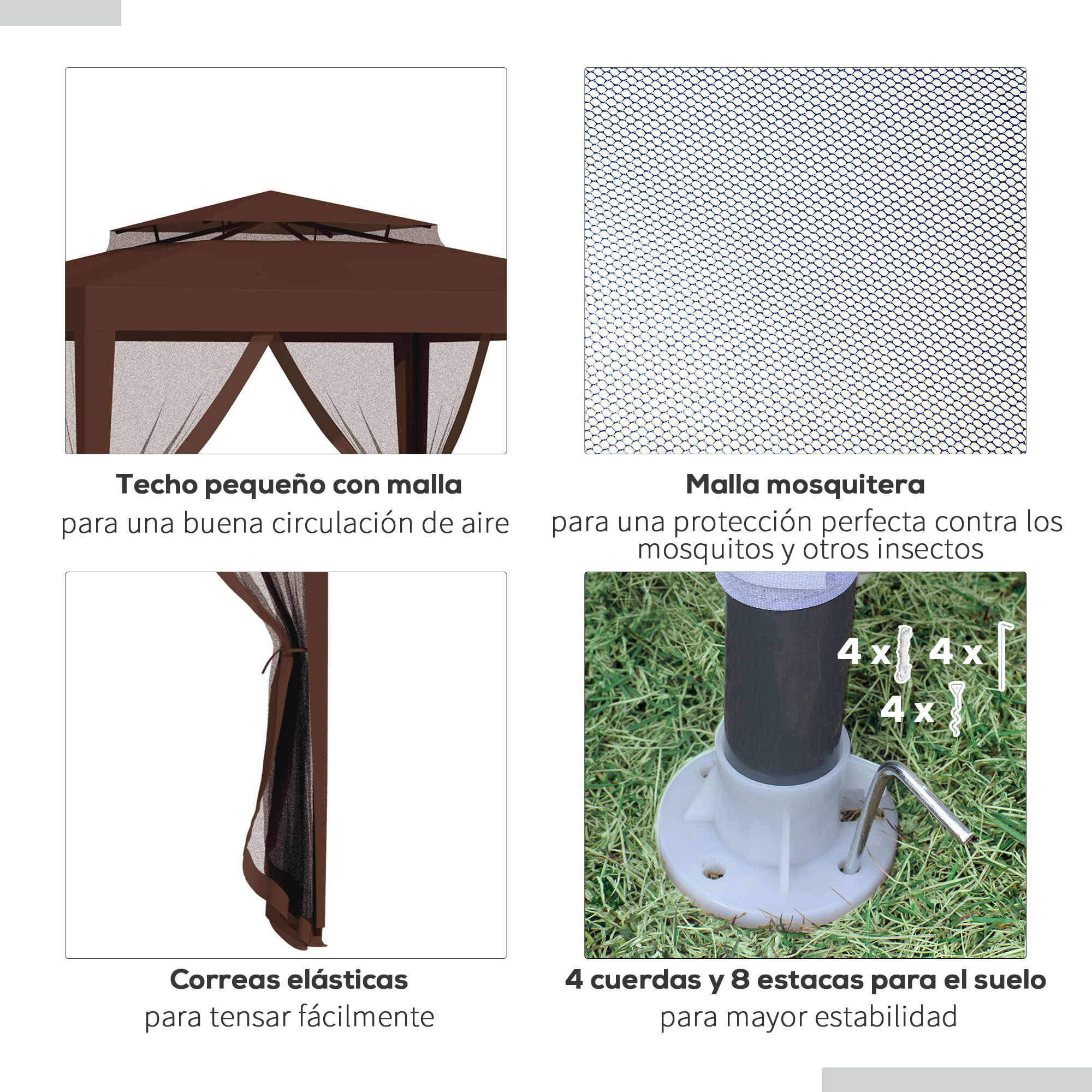 Carpa de Jardín 3x3 m Cenador Desmontable de Exterior Gazebo con 4 Mosquiteras Laterales Techo Doble y Marco Metálico Anti-UV Impermeable Pabellón para Terraza Patio Marrón