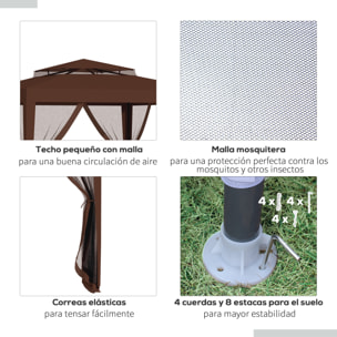 Carpa de Jardín 3x3 m Cenador Desmontable de Exterior Gazebo con 4 Mosquiteras Laterales Techo Doble y Marco Metálico Anti-UV Impermeable Pabellón para Terraza Patio Marrón