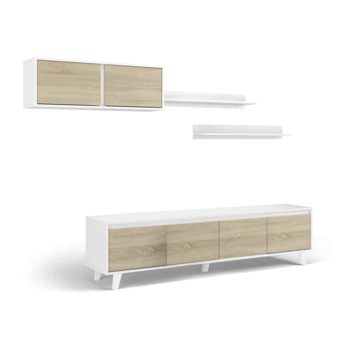Parete attrezzata Anguria, Mobile da soggiorno porta TV, Composizione per salotto con pensile e mensola, 200x50h41 cm, Bianco e Rovere