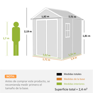 Caseta de Jardín Exterior, 2,4 m², 182x151x219 cm, Cobertizo de Jardín Exterior con Suelo, Puertas con Cerradura, Ventana y Techo Inclinado para Almacenamiento de Herramientas, Gris