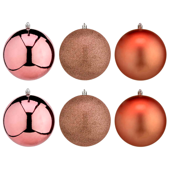Set di 6 palle di Natale da 12 cm di colore rame, assortite in 3 design: uniforme, lucido e texturizzato.