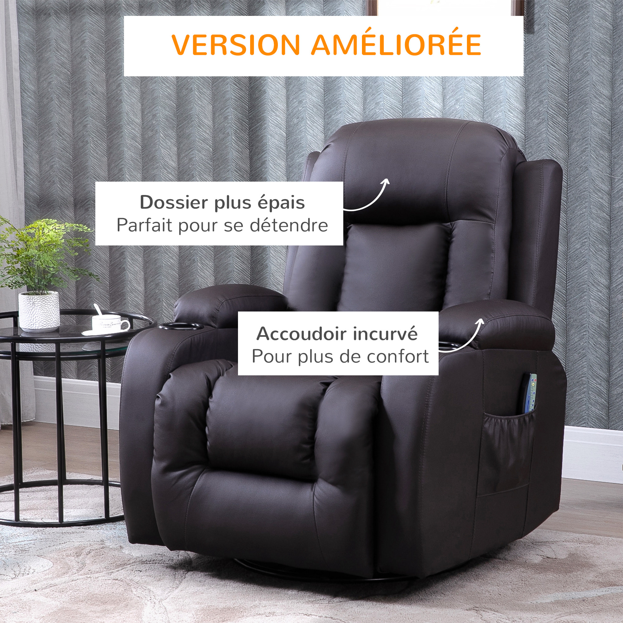 Fauteuil de massage et relaxation électrique chauffant inclinable manuellement repose-pied télécommande chocolat