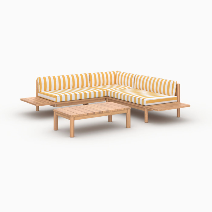 Salon de jardin 4 personnes en teck massif et tissu rayé jaune - Nadila