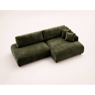 Pivoine - Canapé d'angle ouvert droit 4 places convertible avec coffre en tissu texturé - Vert Kaki