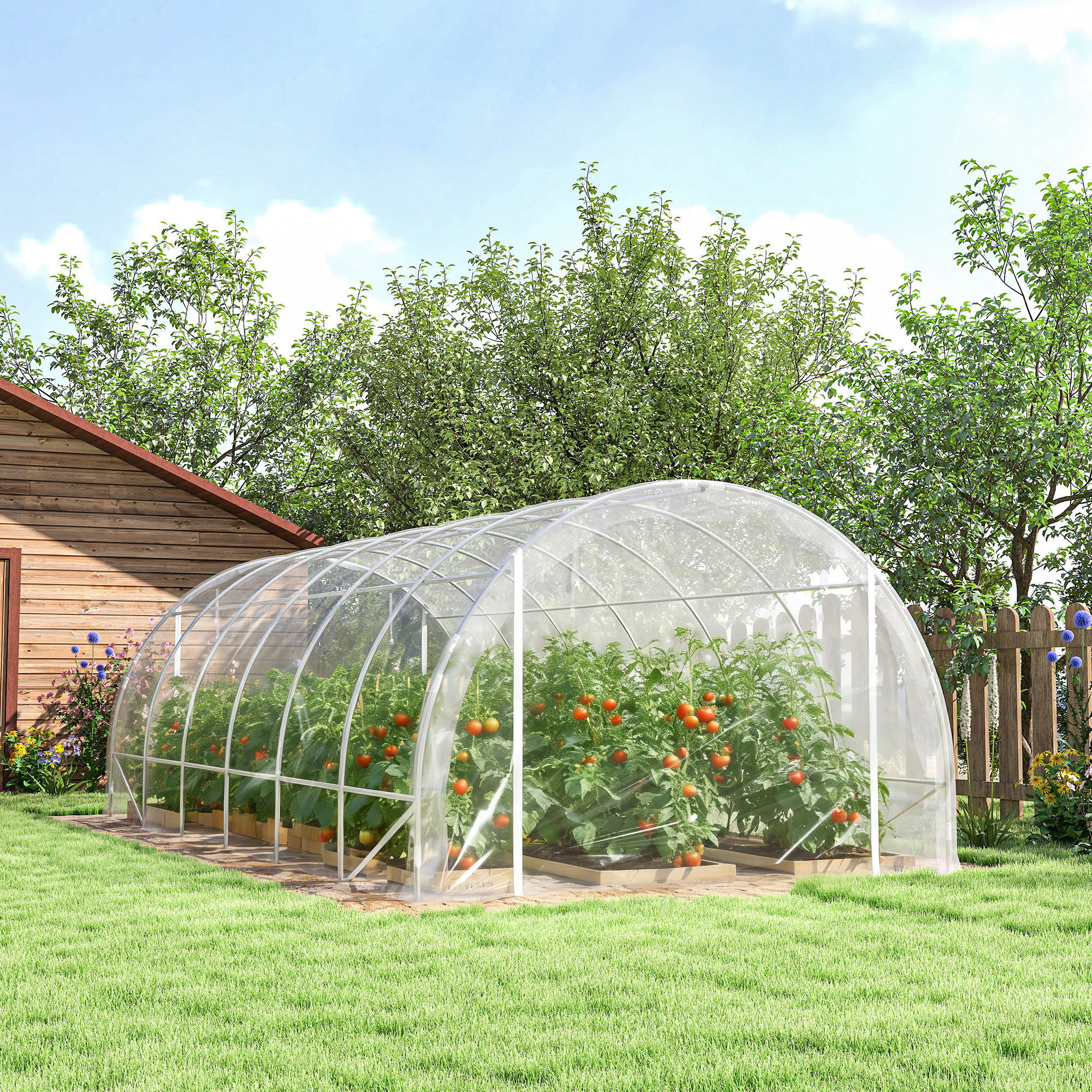 Serre tunnel de jardin 18 m² - 2 grandes portes enroulables - acier galvanisé bâche transparente