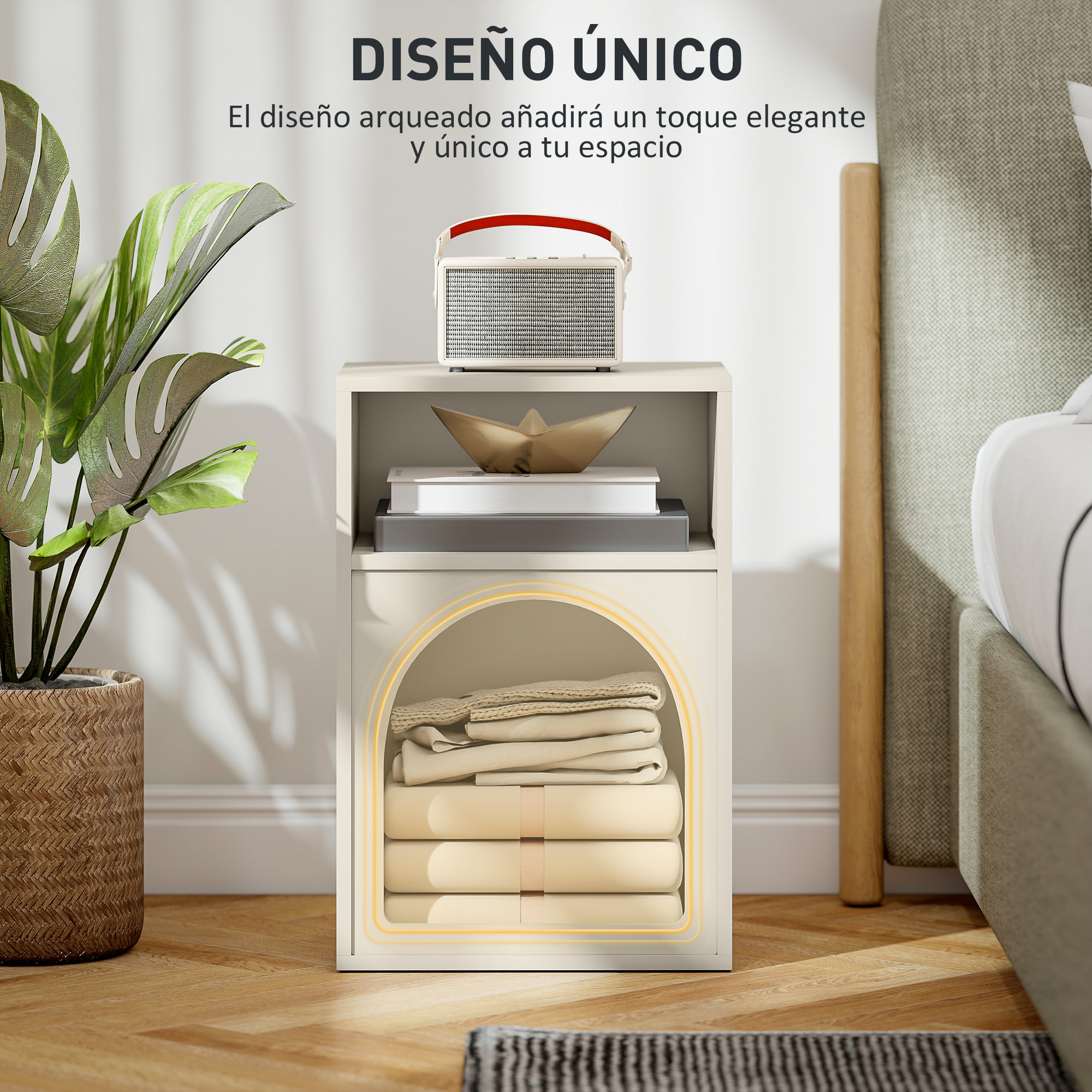 Mesita de Noche Moderna Mesilla de Noche Estrecha con 2 Compartimentos Abiertos Diseño en Forma de Arco Mesa Auxiliar para Salón Dormitorio 40x30x60 cm Crema