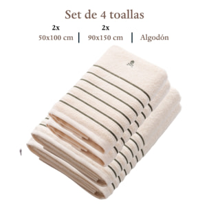 Set de 4 toallas: 2 de lavabo (100x50) y 2 de ducha (150x90), 100% algodón, 470 gsm, beige con raya verde scalpers home