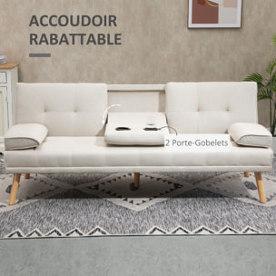 Canapé convertible 3 places design scandinave inclinaison dossier réglable 3 niveaux dossier central rabattable 2 porte-verres bois massif lin beige