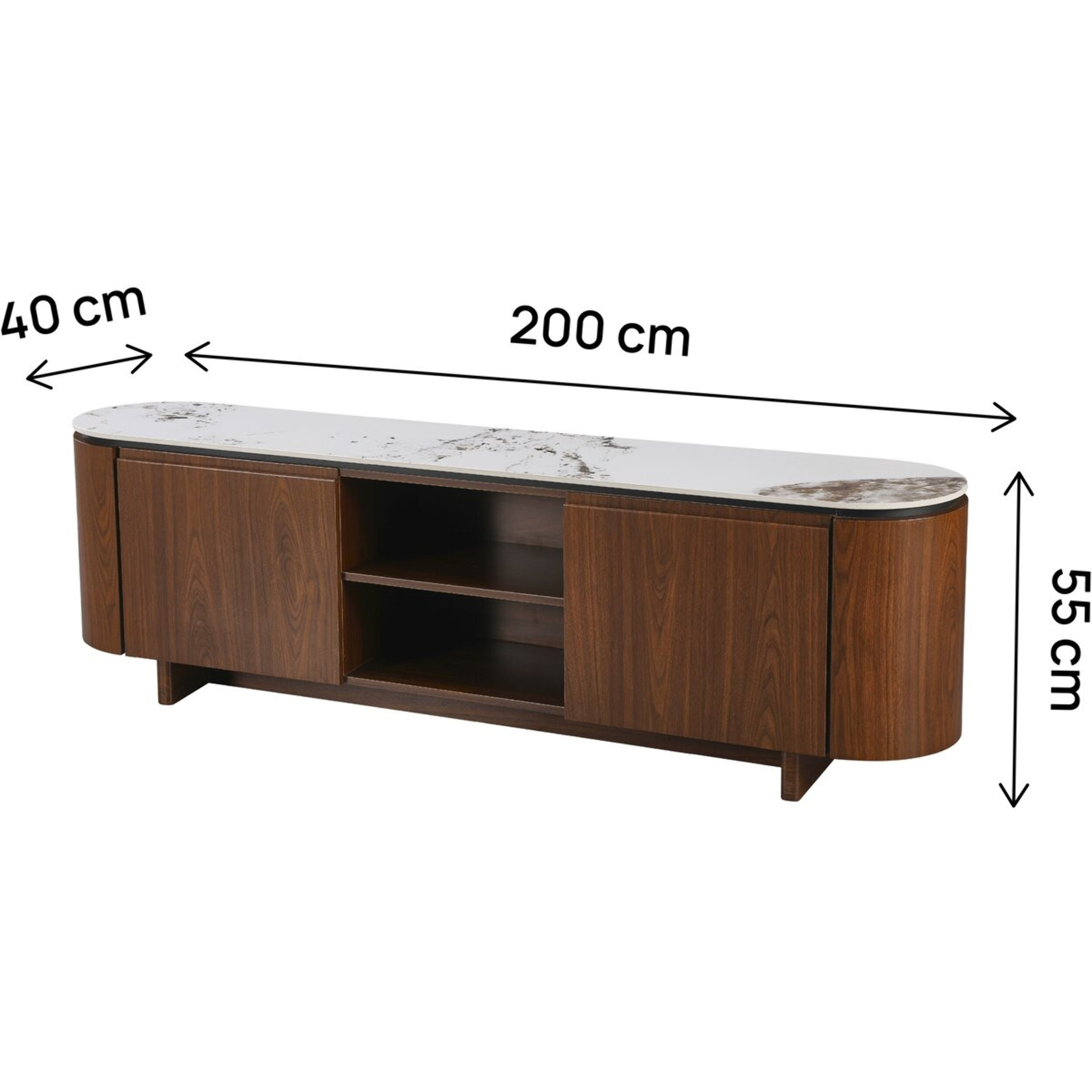Meuble TV en bois avec plateau en céramique "Stonea" - 200 x 40 x 55 cm - Marron