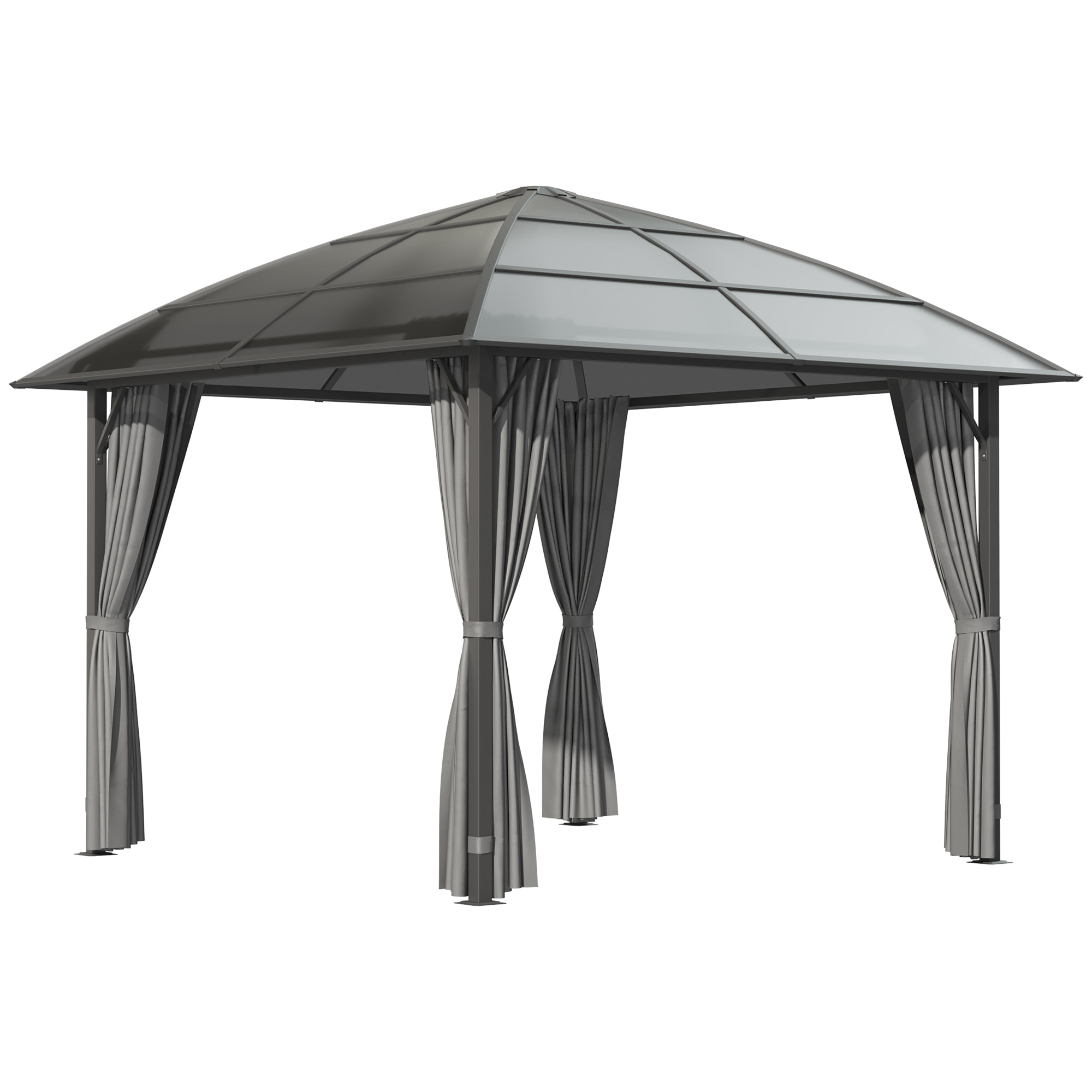 Pavillon de jardin barnum rigide dim. 3,05L x 3,05l x 2,7H m 4 rideaux zippés alu. acier polycarbonate noir polyester gris