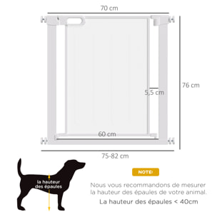 Barrière de sécurité animaux - longueur réglable dim. 75-82 cm - porte double verrouillage, ouverture double sens -sans perçage - acier ABS blanc