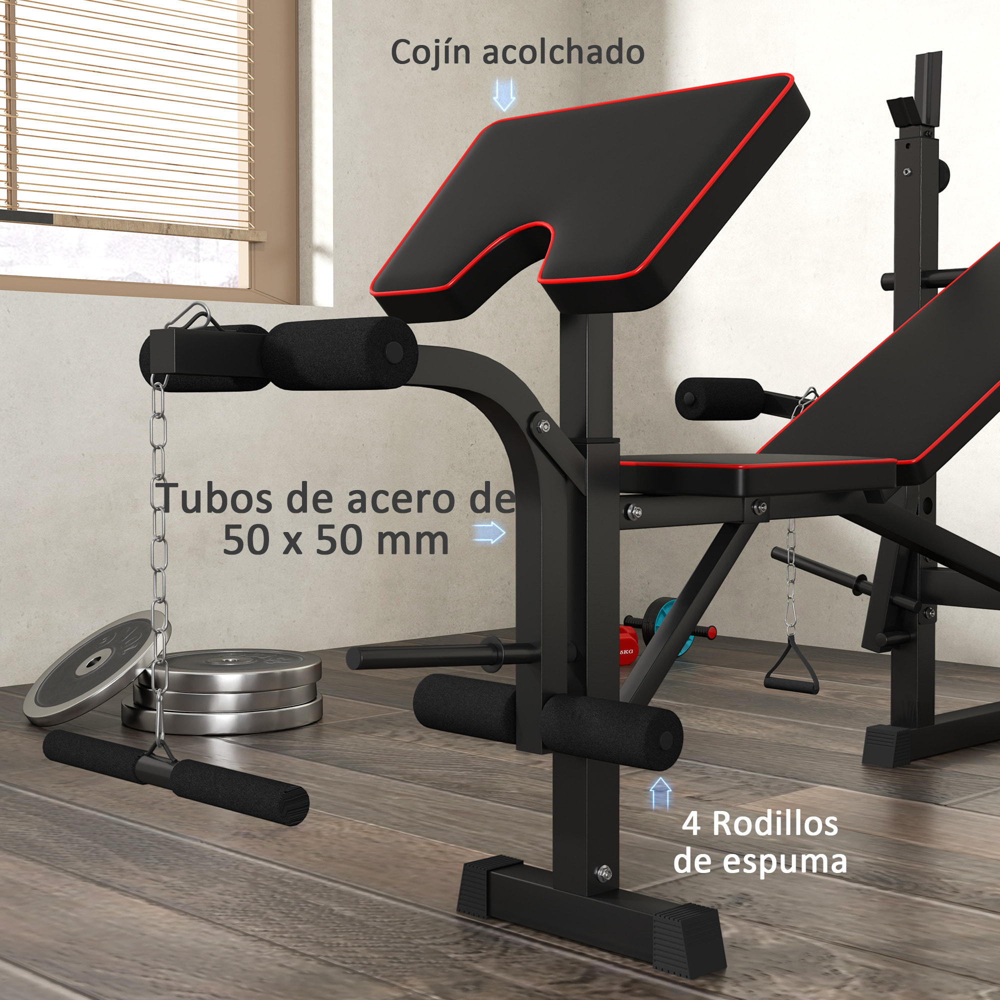 Banco de Musculación Plegable Banco de Pesas con Soportes para Barra Regulables y Respaldo Ajustable para Entrenamiento Completos de Cuerpo en Casa Gimnasio Negro
