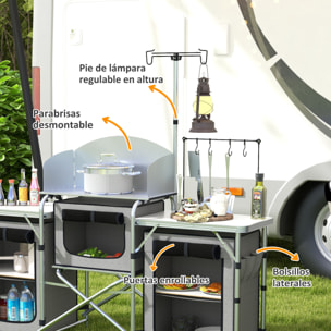Mueble Cocina Camping Armario Camping Plegable con Mesas Armarios Ganchos Estructura de Aluminio Poste de Luz Ajustable Paravientos y Bolsa de Transporte para Acampada 172x48x130 cm Gris