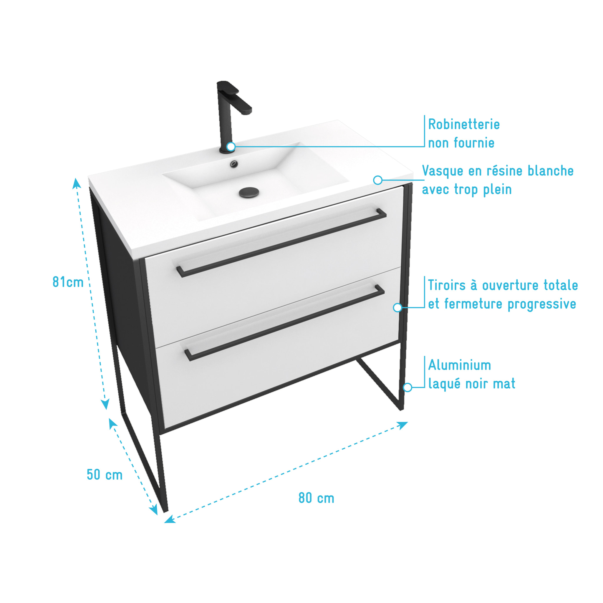 Meuble de salle de bain 80x50cm NOIR MAT - 2 tiroirs blanc - vasque blanche - STRUCTURA F034