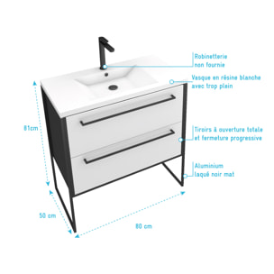 Meuble de salle de bain 80x50cm NOIR MAT - 2 tiroirs blanc - vasque blanche - STRUCTURA F034
