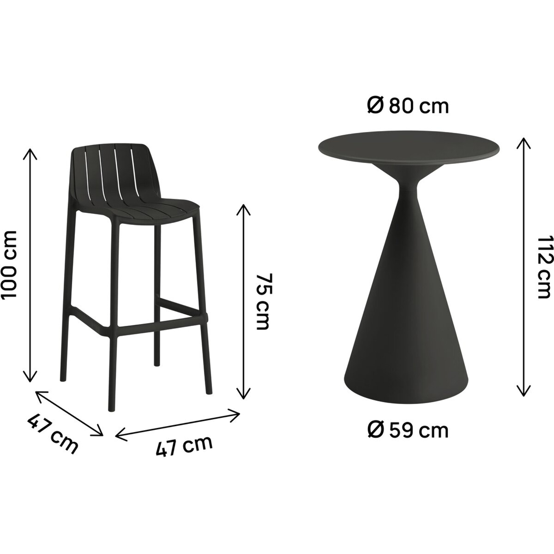 Table et chaises hautes de bistrot empilables "Vaena" - 2 places - Noir