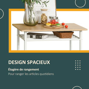 Ensemble table de bar 2 tabourets avec étagère à barreaux métal blanc effet bois clair
