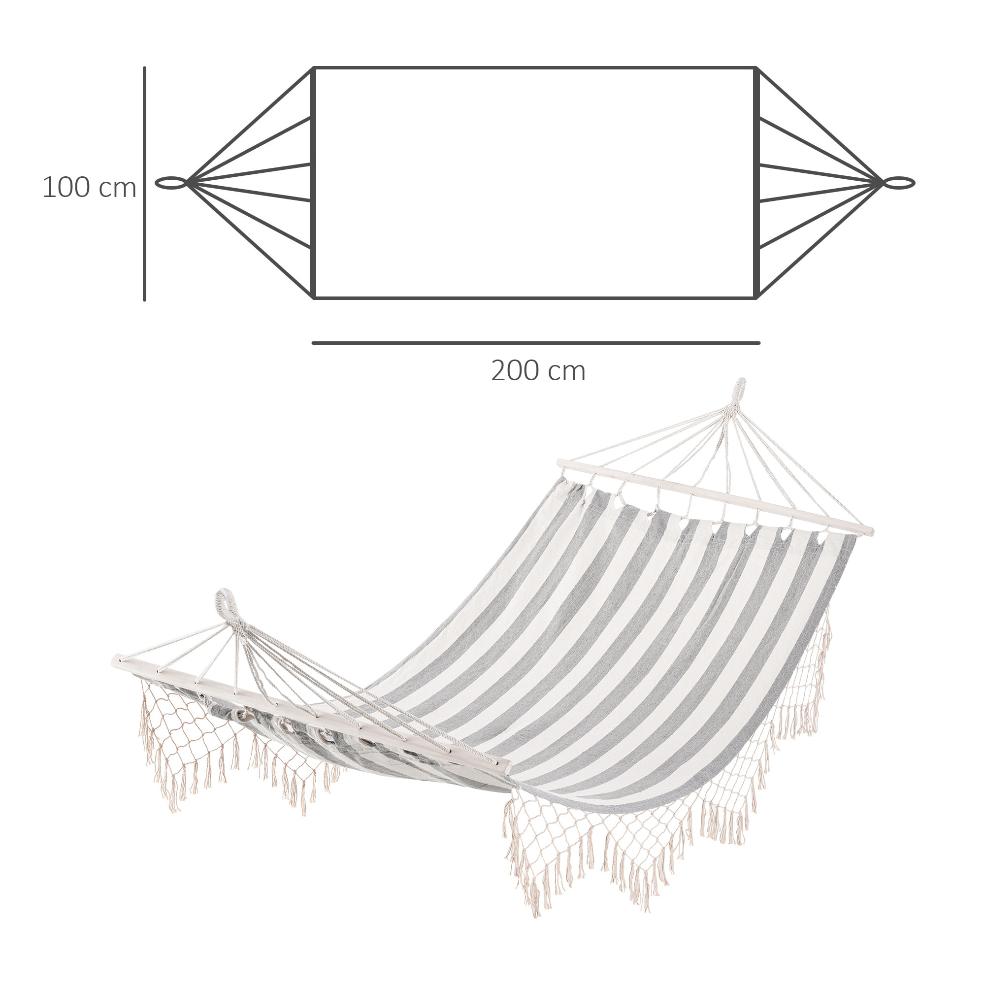 Hamaca de Jardín 200x100 cm Hamaca Colgante con Travesaños de Madera Carga 120 kg para Patio Terraza Balcón Camping Gris y Crema