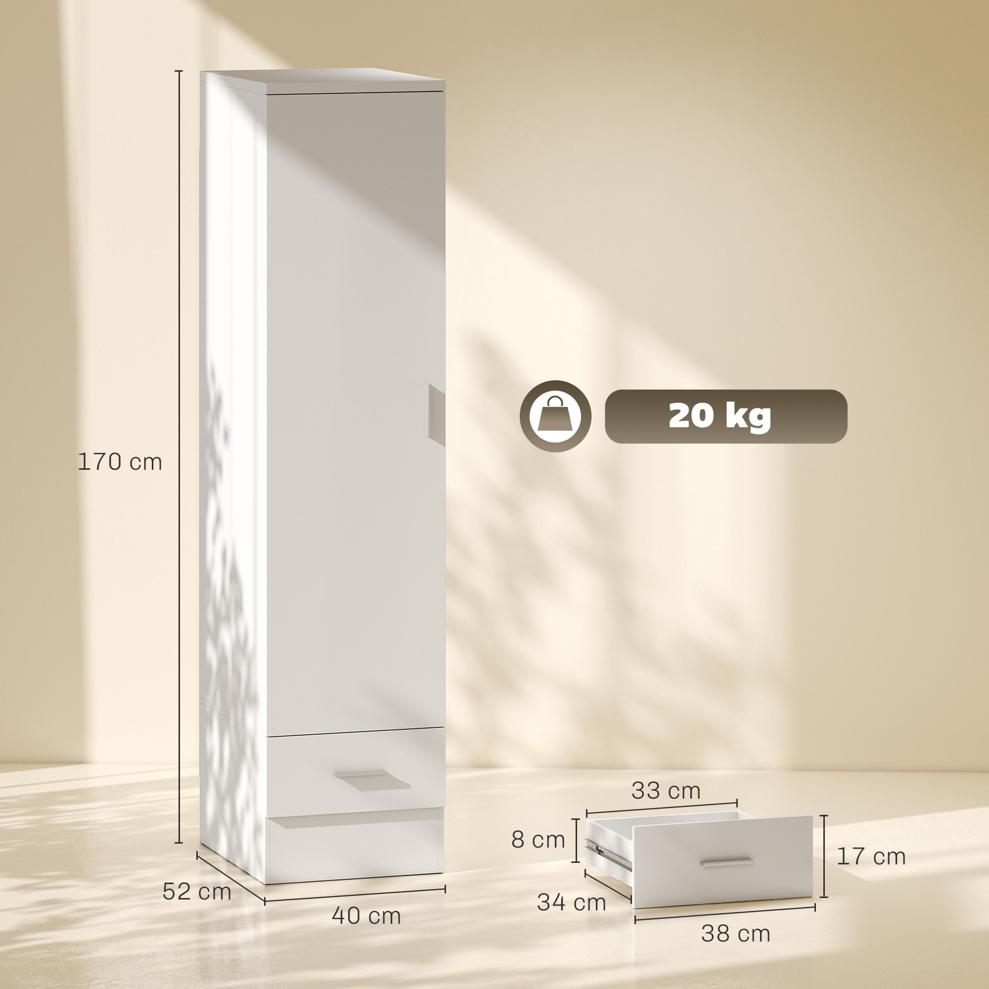 HOMCOM Armario Dormitorio Moderno, Armario Ropero con Barra para Colgar, Cajón, Estante Superior, 40x52x170 cm, Blanco
