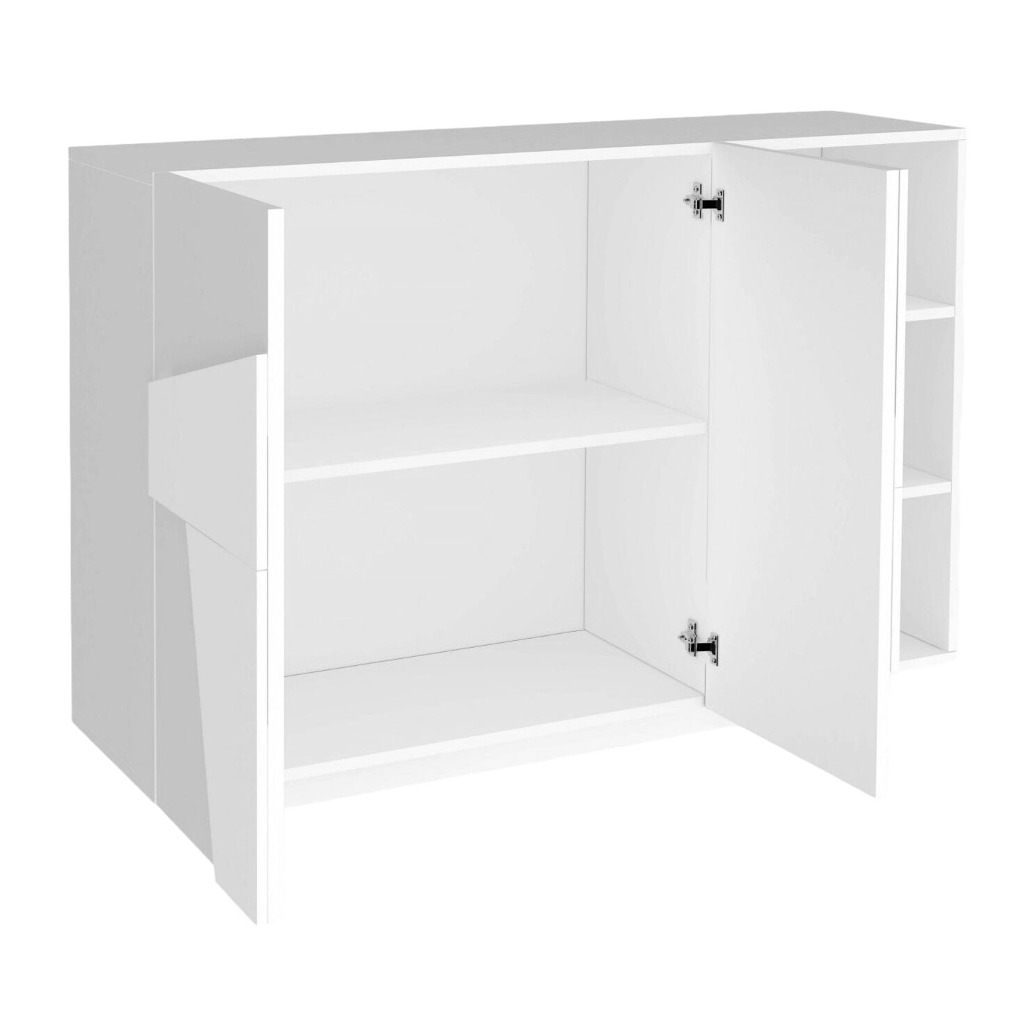 Mobile da ingresso a 2 ante e scaffali aperti, Made in Italy, Entratina moderna, Credenza per atrio, cm 121x38h86, colore Bianco lucido