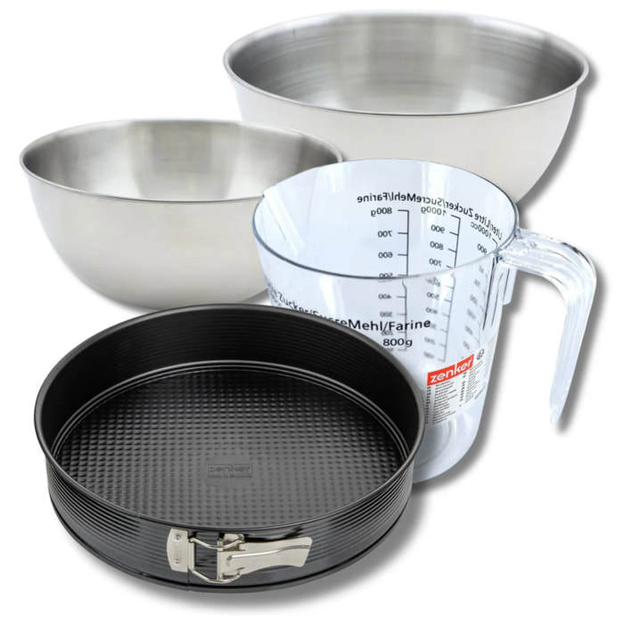Set pâtisserie avec moule à manqué de 26 cm, 2 bols à mixer, verre mesureur et spatule Zenker