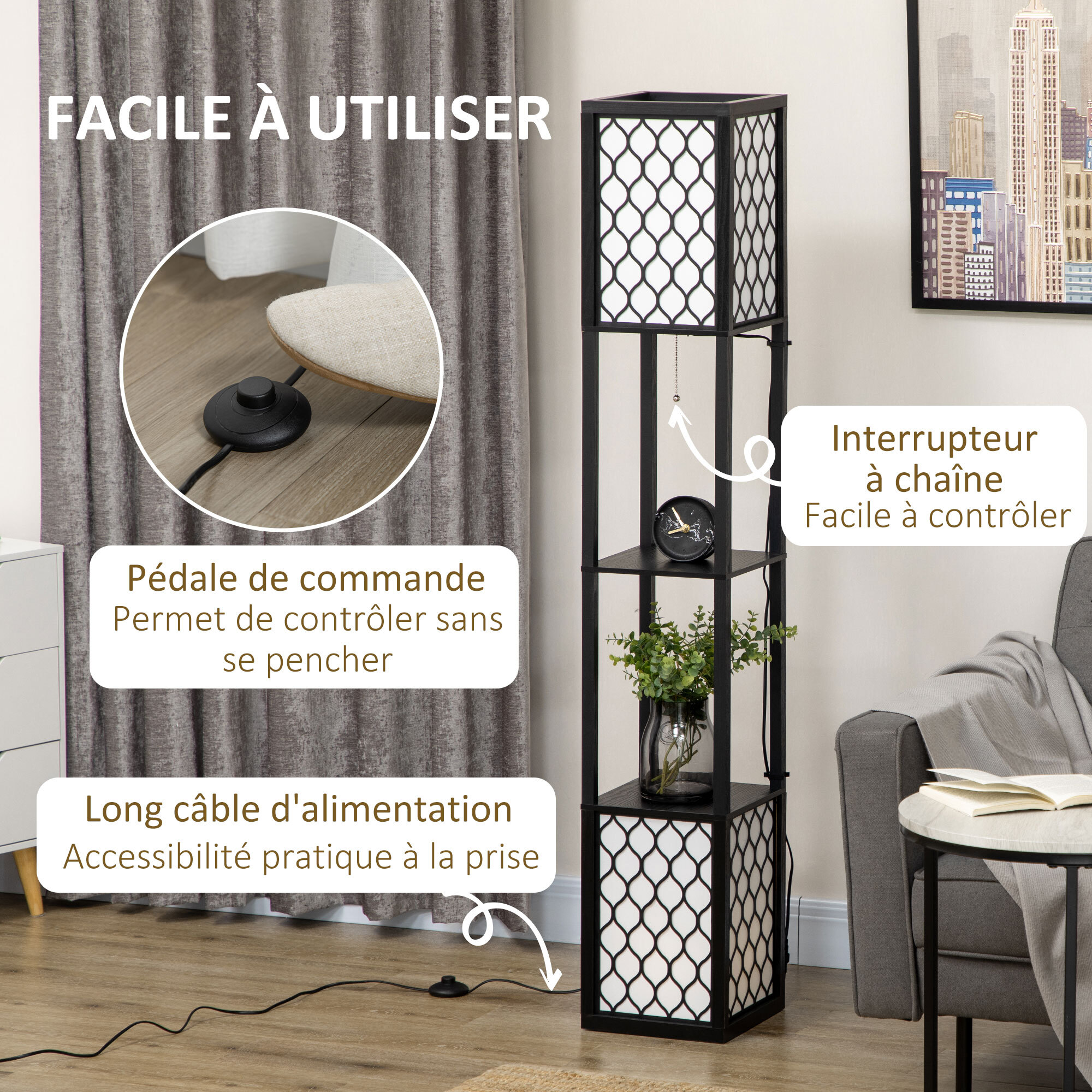 Lampadaire étagère lampe étagère dim. 26L x 26l x 156H cm 2 étagères MDF noir motif nid d'abeille