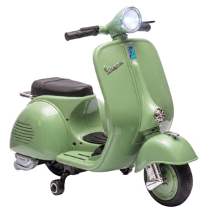 Moto Eléctrica para Niños Licencia VESPA 6V, Moto Eléctrica Infantil con Arranque Suave, Ruedines Desmontables, Luz Delantera, Música, Bocina, USB, Avance, Atrás, para Niños de +3 Años, Verde