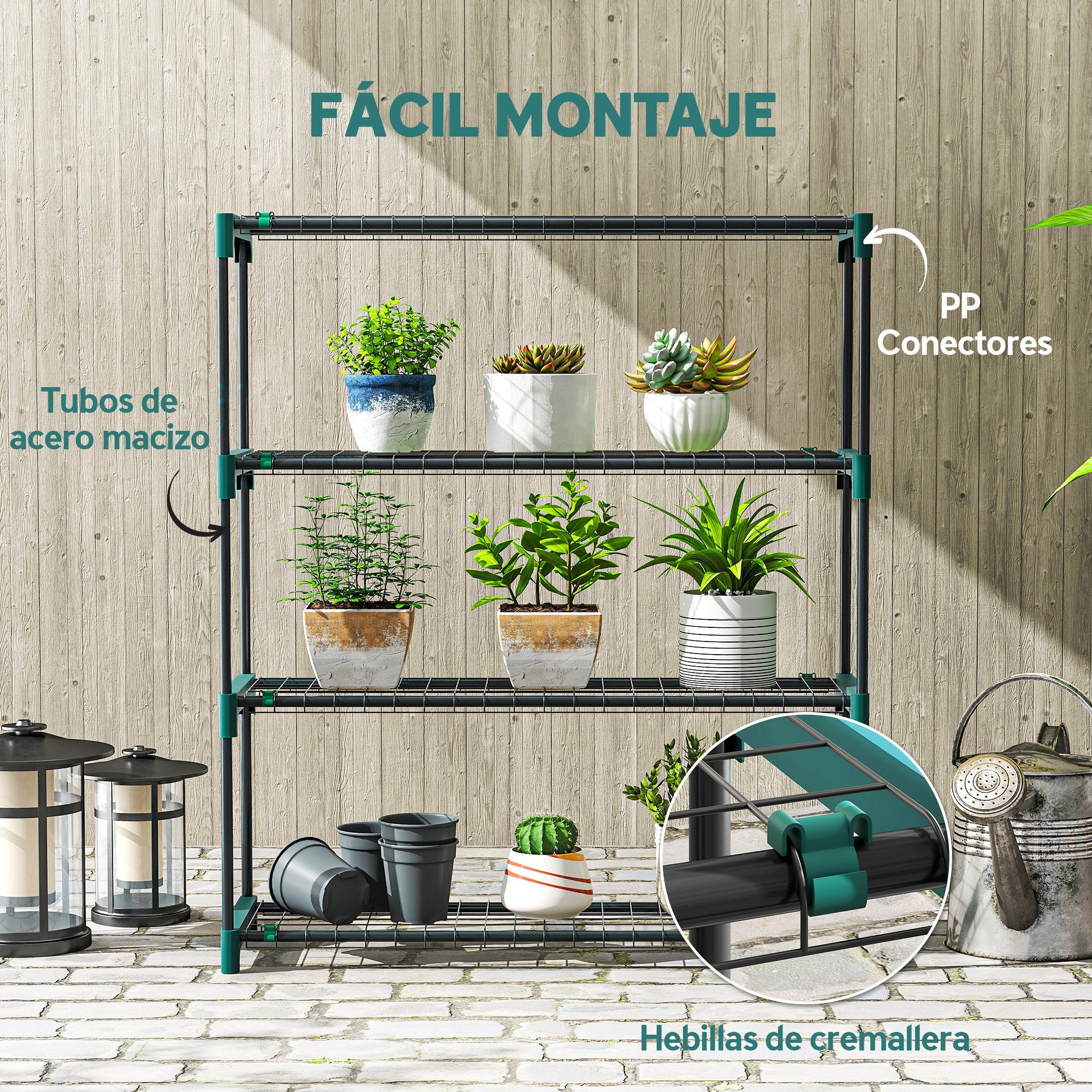 Juego de 2 Soportes para Plantas de 4 Niveles para Interior y Exterior, Estanterías para Plantas de Acero con Conectores para Fácil Montaje, Estantes para Macetas, Jardín, Balcón, Verde